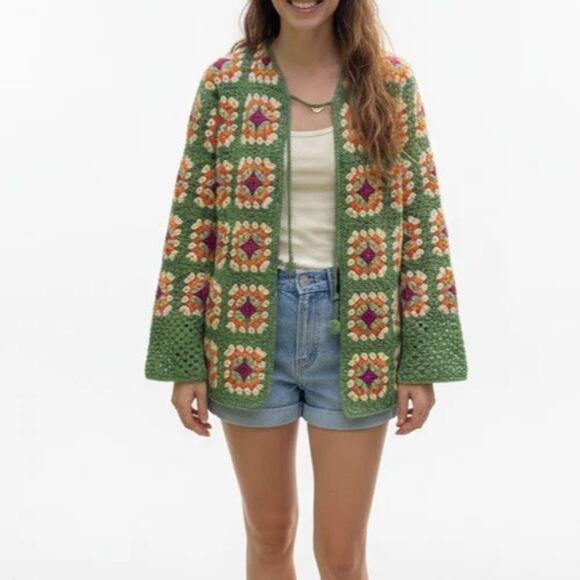 Crochet Granny Square Patchwork Cardigan Handmade Boho Sweater Women’s - Picture 1 of 11
